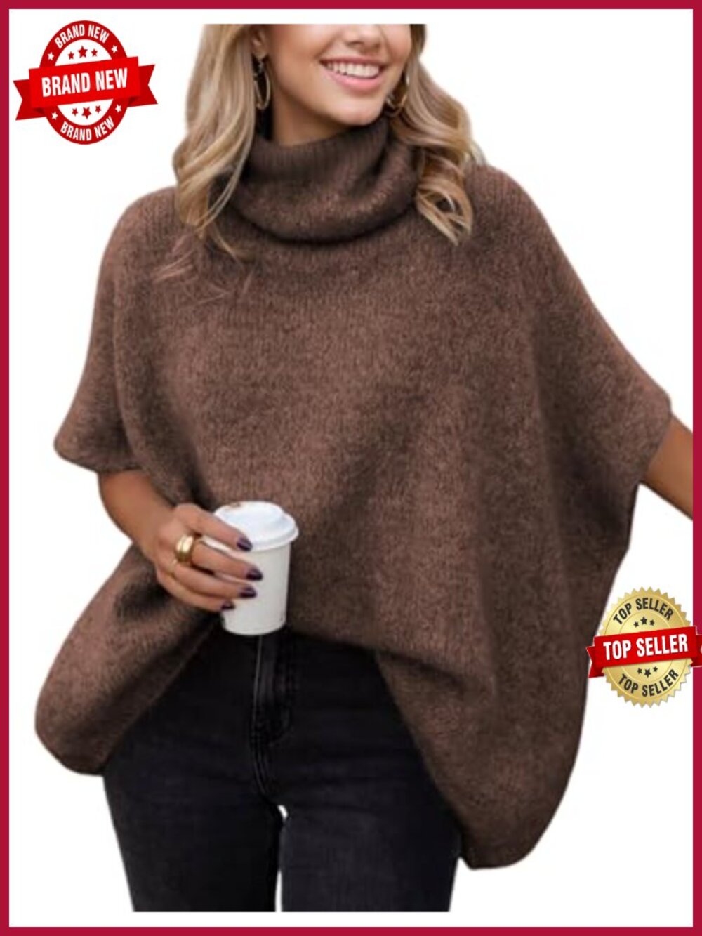 Oversized Turtleneck Sweater Chunky Batwing Short Sleeve Knit Pullover